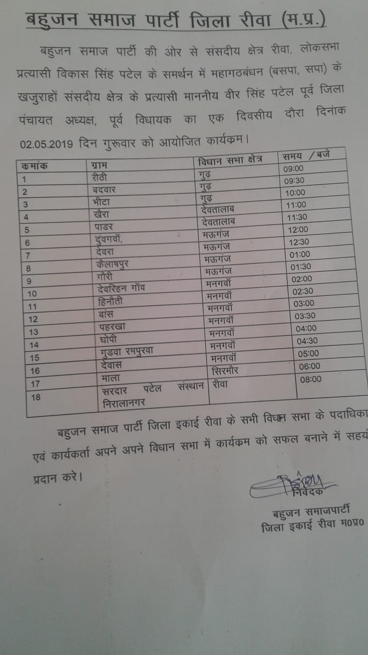 वीर् सिंह रीवा लोगसभा में तुफानी  दौरा करे गे कई गांव भमण